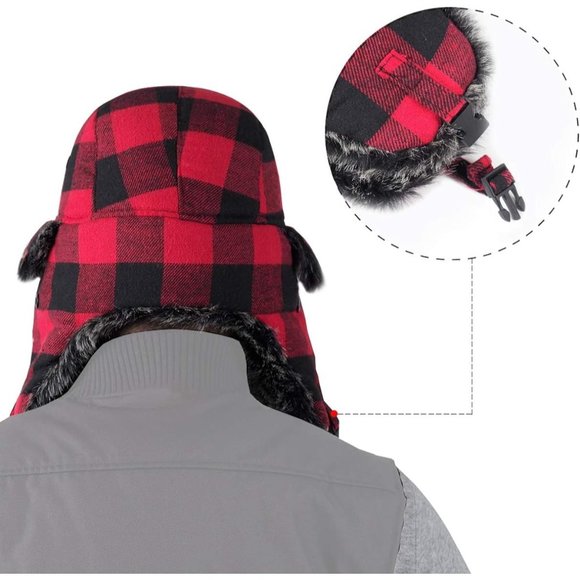 Men's Buffalo Plaid Aviator Fur Trapper Bomber Hat with Ear Flaps - Picture 8 of 8